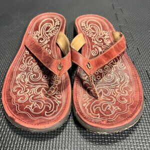 Olukai Paniolo Womens Leather Sandals Size 10 Embroidered Western Style Red & Ta